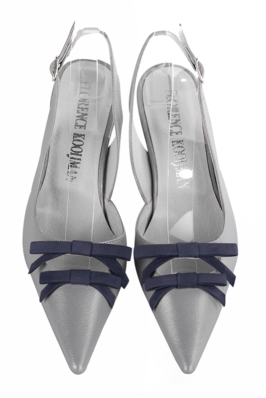 Mouse grey and navy blue women's open back shoes, with a knot. Pointed toe. High slim heel. Top view - Florence KOOIJMAN